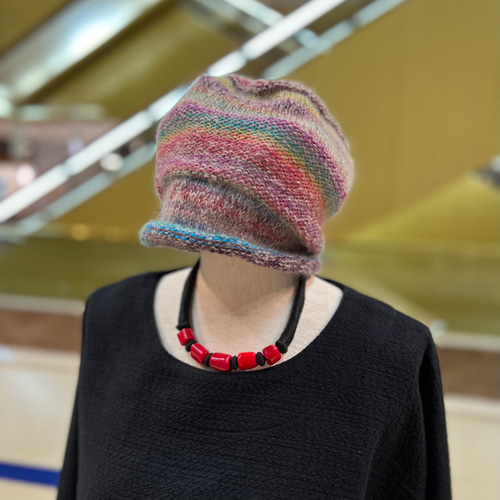 受注生産＞【手編み】締め付けないゆるふわニット帽 マルチカラー段  