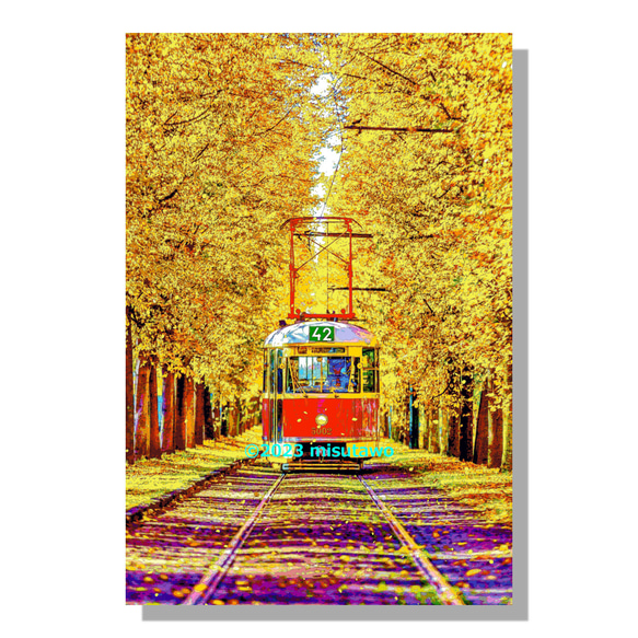 【選べる3枚組ポストカード】プラハ 黄色い並木道の路面電車【作品No.535】 1枚目の画像