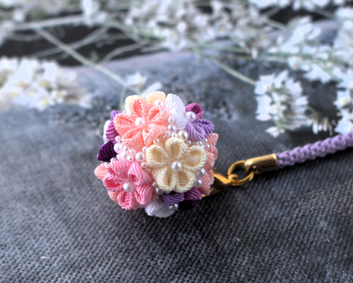 ❁つまみ細工芝桜A根付けストラップ❁帯飾り袴飾りキーアクセサリー