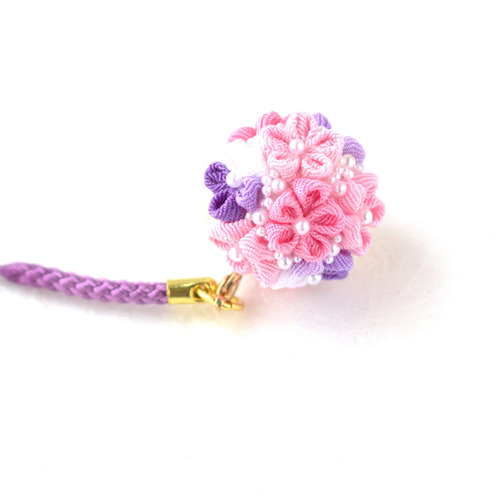 つまみ細工帯飾り　根付け　バックチャーム ❁つまみ細工正絹着物桜パステル＆とんぼ玉根付けストラップ❁帯