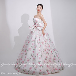 カラードレス ウェディングドレス 結婚式 花嫁 前撮り演奏会 白 ピンク 花柄 リボン 9号 11号　cd32152ow 1枚目の画像