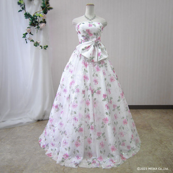 カラードレス ウェディングドレス 結婚式 花嫁 前撮り演奏会 白 ピンク 花柄 リボン 9号 11号　cd32152ow 6枚目の画像