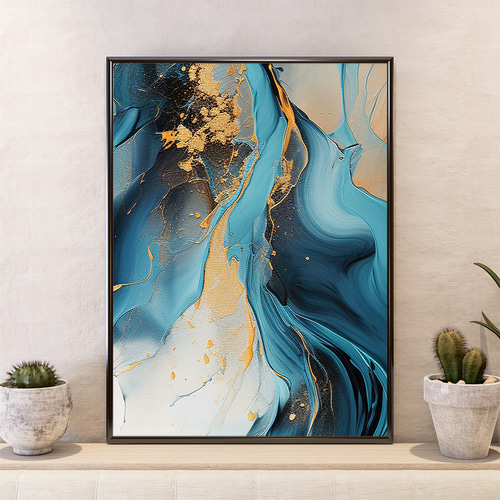 アートポスター 抽象画 マーブルアート ターコイズブルー ゴールド