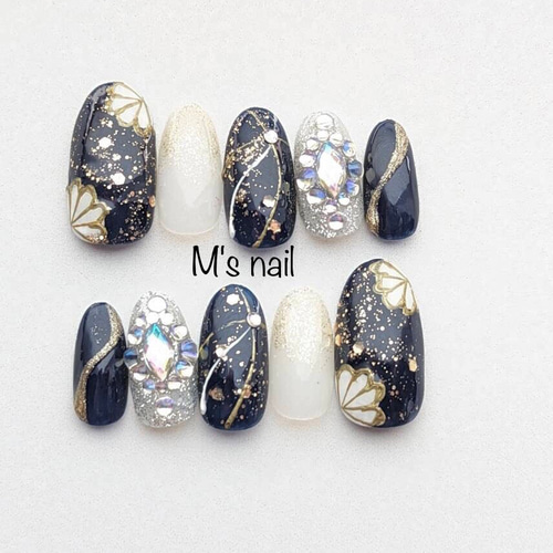 振袖ネイビーフラワーCオーダーチップ 着物和柄成人式卒業式ネイル