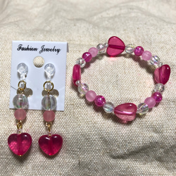ブレスレット ・ イヤリング ・セット 346、キッズイヤリング&キッズブレスレットセット ピンク 花
