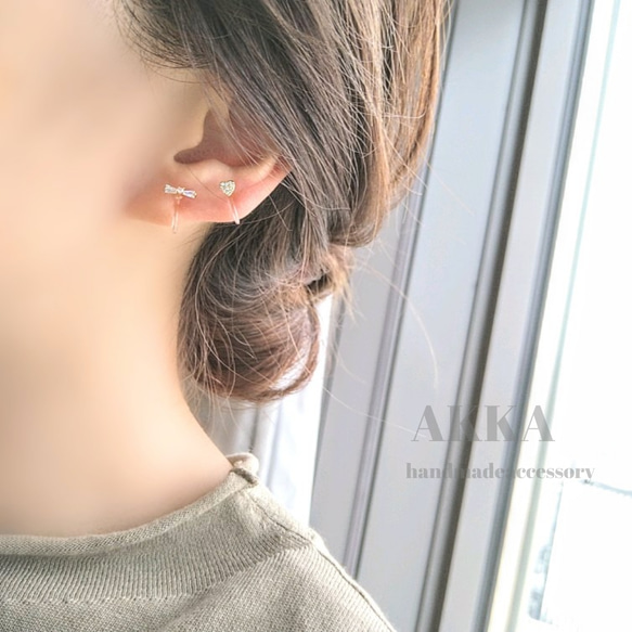 18kgp◆ribbon&heart  earring 6pcset　リボンハート一粒イヤリングセット一粒樹脂ピアス 2枚目の画像