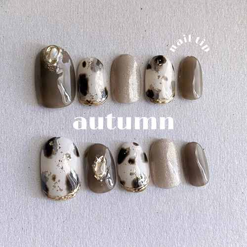 白べっ甲ネイル《ネイルチップ》秋ネイル/綺麗めネイル/ダルメシアン  