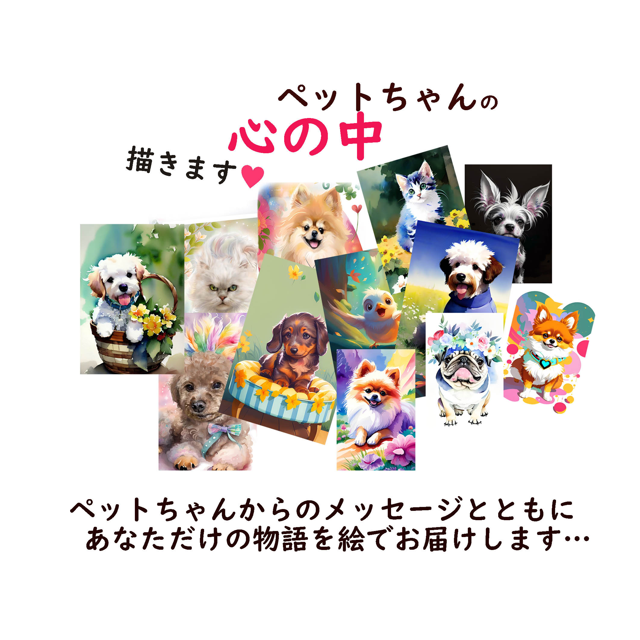 【受注制作 原画 一点物 額付】ペット幸せ祈願「うちの子心の声・ペット似顔絵アート（名入り無料、約A4サイズ）」