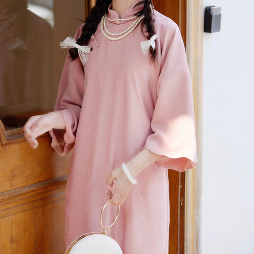 ピンクの花びら襟反転大きな袖七分袖チャイナドレス新中国風国民