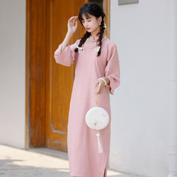 粉色 花瓣領倒大袖七分袖旗袍 新中式國風春節改良洋裝連身裙 第6張的照片
