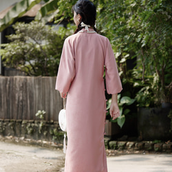 粉色 花瓣領倒大袖七分袖旗袍 新中式國風春節改良洋裝連身裙 第4張的照片