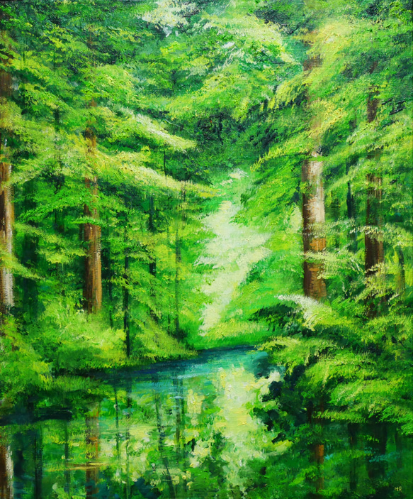 油絵 絵画 【新緑の湖】 2枚目の画像