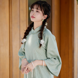 ライトグリーンの女の子の七分袖チャイナドレス新しい中国風国民風春祭り改良ドレスドレス 3枚目の画像