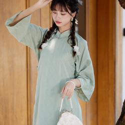 淺綠色 少女七分袖旗袍 新中式國風春節改良洋裝連身裙 第6張的照片