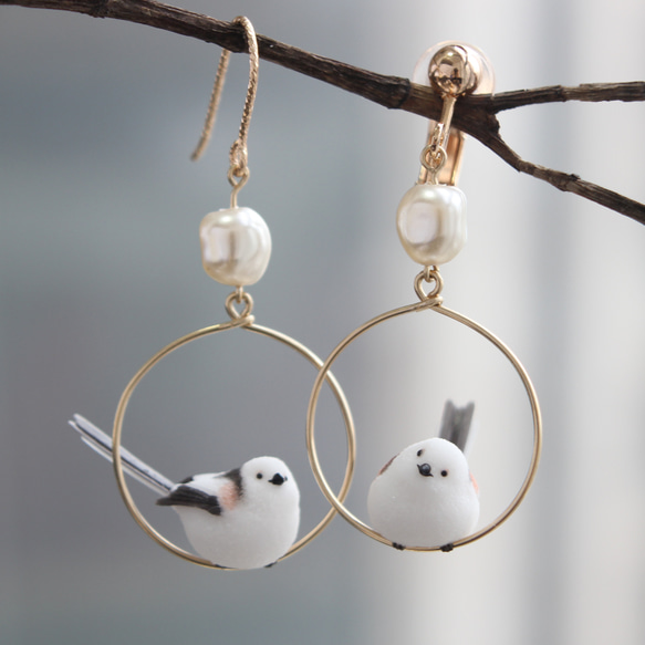 エナガ イヤリング、イヤークリップ、かわいいギフト、鳥と