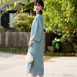 藍色 花瓣領倒大袖七分袖旗袍 新中式國風春節改良洋裝連身裙 第5張的照片