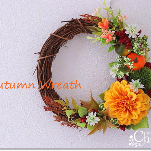 新品未使用☆春色のリース、A 秋色リース】ロングセラー作品・オレンジ色のジニアが可愛い