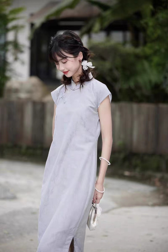 ライトグレーダークプリントレトロガールチャイナドレス新中国風国民風