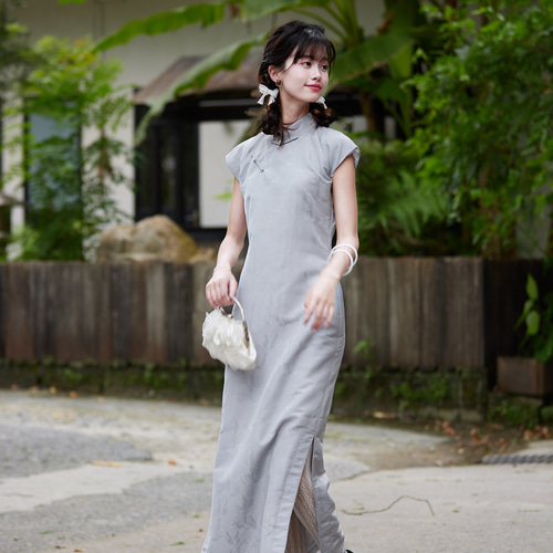 ライトグレーダークプリントレトロガールチャイナドレス新中国風国民風