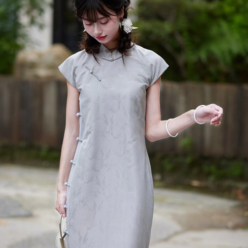 ライトグレーダークプリントレトロガールチャイナドレス新中国風国民風