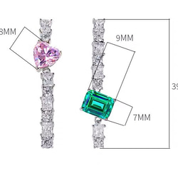 アシンメトリー ハート 長方形 高炭素ダイヤモンド キラキラ ゴージャス ロングピアス 揺れる グリーン ピンク 緑 白 5枚目の画像