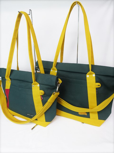 （小）濃グリーン/イチョウ　赤ワイン ８号帆布ふた巻きショルダートートバック　　　男女兼用です。