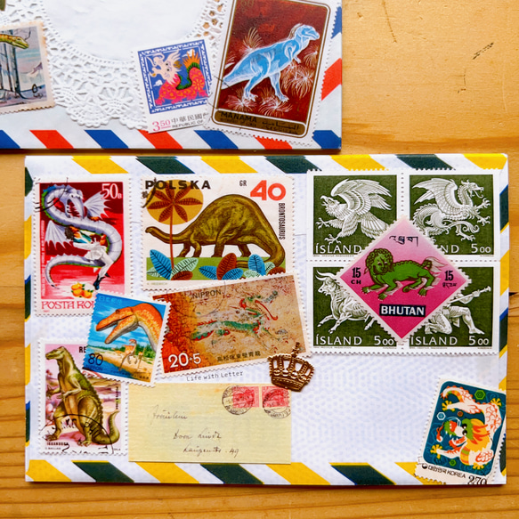 恐竜❷切手コラージュ　ポストカード3枚セット　ドラゴン 3枚目の画像