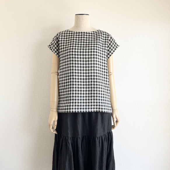 【数量限定】リネン100%シンプルフレンチ袖プルオーバー_ White×Black Gingham［01］nico 5枚目の画像