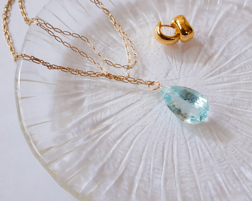 14kgf 大粒 宝石質 アクアマリン チャーム ネックレス ペンダント