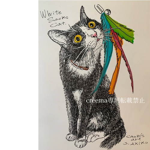 絵/絵画/A4/原画/手書き/ペン画/アクリル/猫/ハチワレ/イラスト 絵画