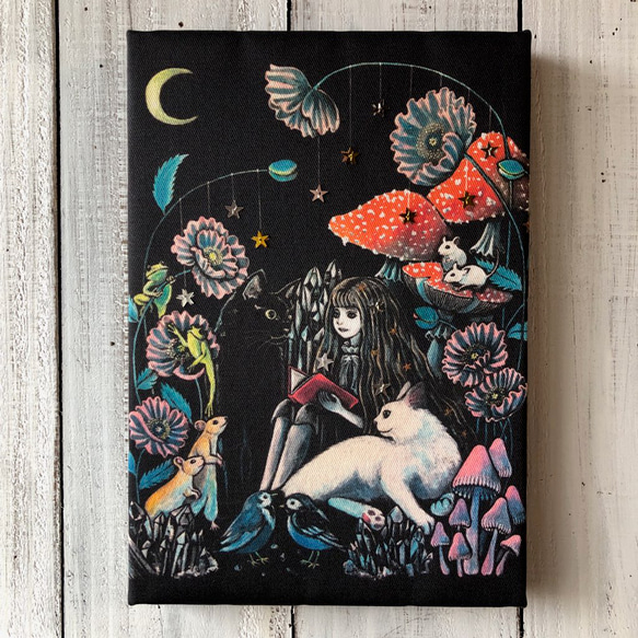 絵画 Conversation with materials 星月猫☆アート「続きを聞かせて」絵画 木製パネル貼り SMサイズ
