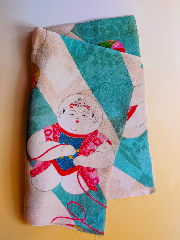 【古布】正絹あさぎ色　唐子人形　ドール着物サイズ 1枚目の画像