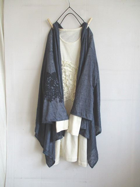 【受注製作】大好評再販　2WAYリネン100％のストールカーディガン　デニム調杢ブルー袖ケミカルレース　1枚限定