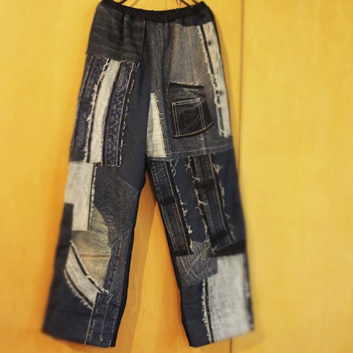 SAYOCAFEデニム再構築刺し子&パッチパンツ （ウォッシュ加工 ランダム  