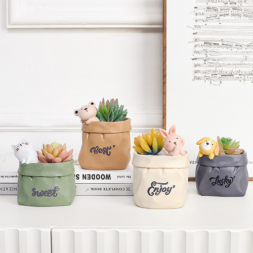 植木鉢 小型 かわいいキャラクター動物 猫 クマ うさぎ 犬 卓上用 多肉