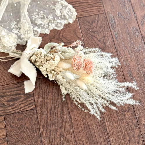 モコモコ ほわほわ ホワイトピンクスワッグ ドライフラワー 淡い色 