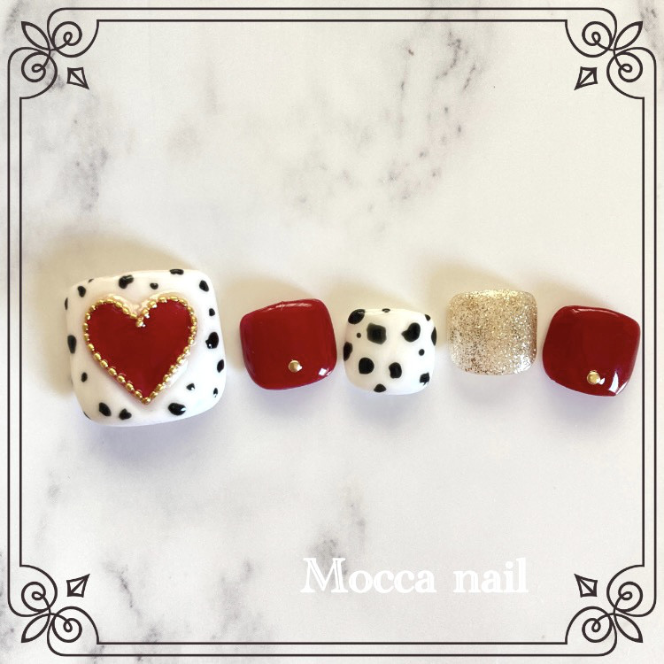 136】レッドハート ダルメシアン ボルドー フットネイルチップ  