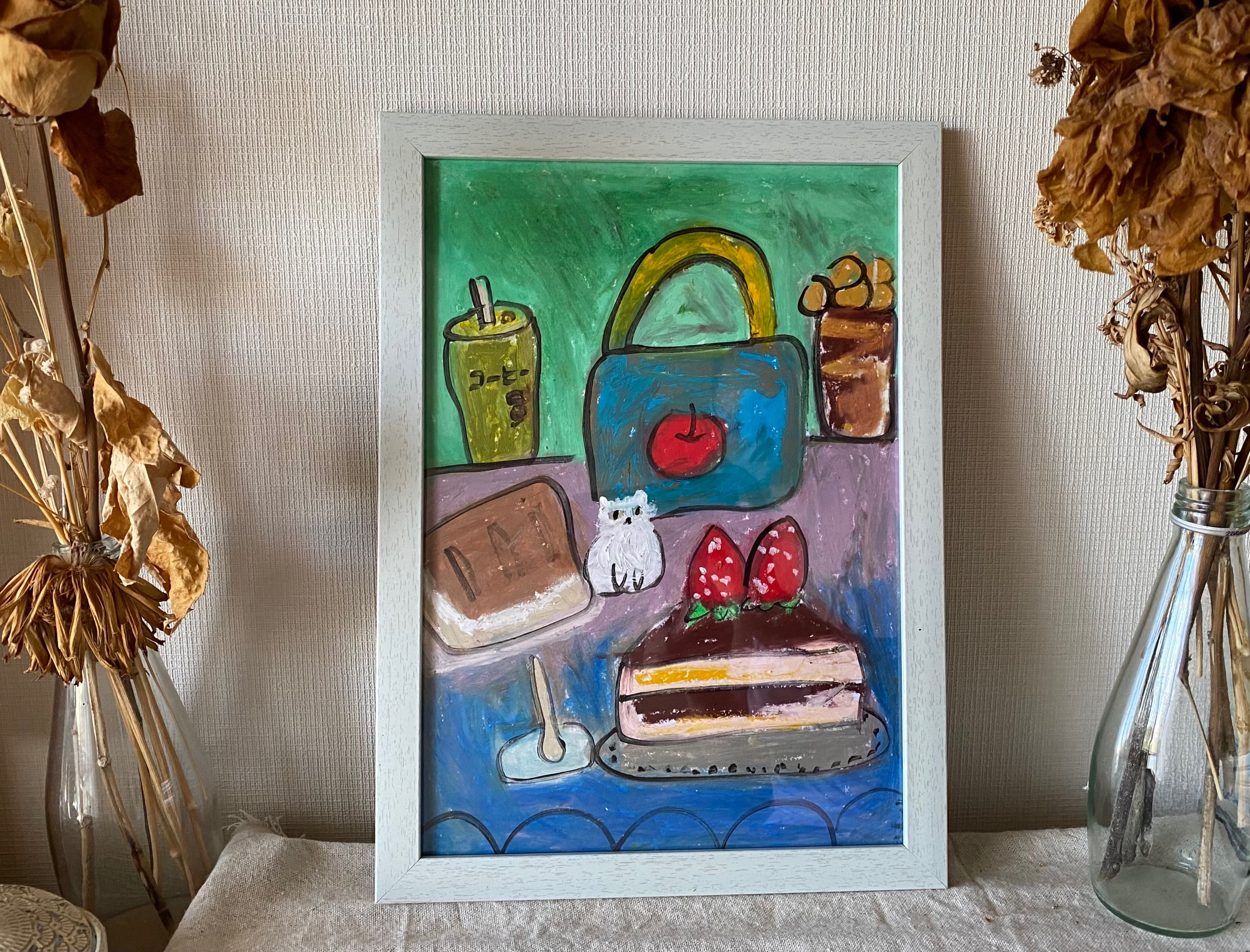 絵画。壁掛け原画【猫ちゃんを連れて午後のコーヒーを飲みに出かける】01 絵画。壁掛け原画【猫ちゃんを連れて午後のコーヒーを飲みに