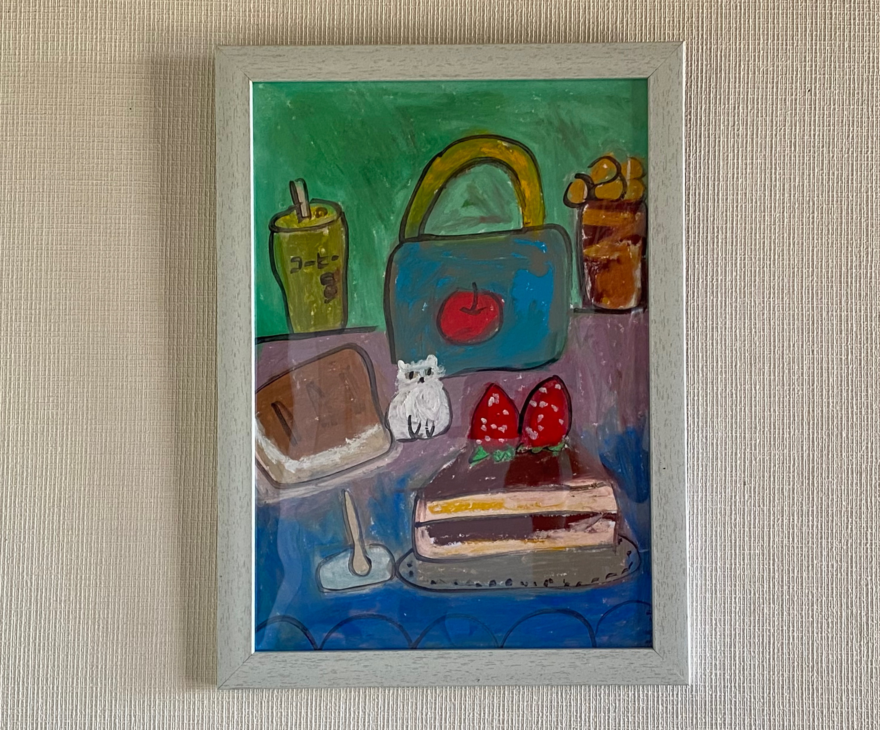 絵画。壁掛け原画【猫ちゃんを連れて午後のコーヒーを飲みに出かける】01