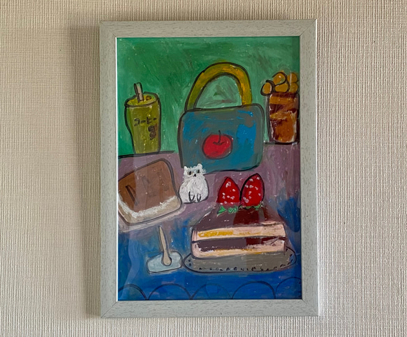 絵画。壁掛け原画【猫ちゃんを連れて午後のコーヒーを飲みに出かける】02