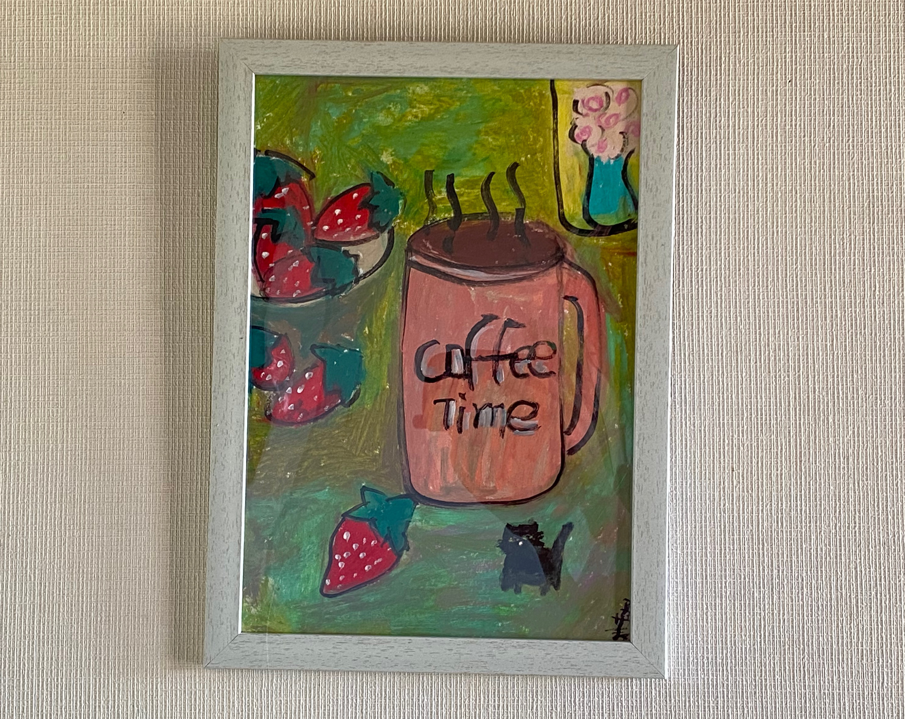 全国送料無料ギフト 絵画。壁掛け原画【猫ちゃんを連れて午後のコーヒーを飲みに出かける】02 絵画+タペストリー