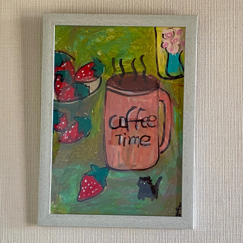 絵画。壁掛け原画【猫ちゃんを連れて午後のコーヒーを飲みに出かける】01-