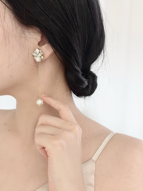 ビジュー ロングチェーン 揺れる パール ピアス イヤリング ［ 結婚式
