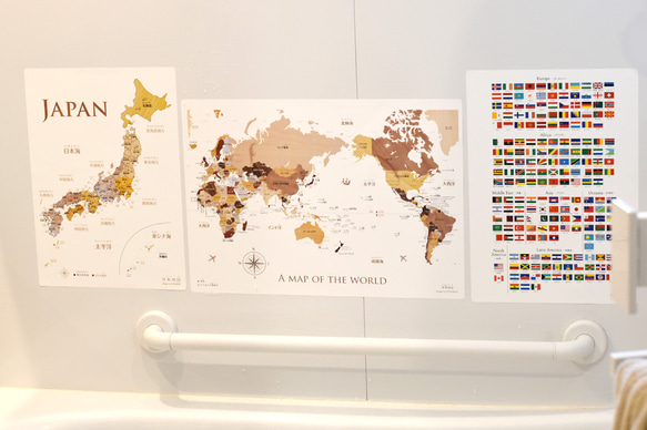 【お風呂対応タイプ】寄木風木目調のおしゃれな世界地図ポスター B3サイズ 7枚目の画像