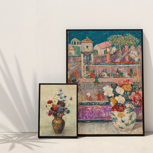 NO.496】カラフルな街並みと花瓶の絵画アートポスター☆メルヘン
