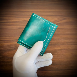 経年変化を楽しむ ミニ財布 コンパクトウォレット 総手縫い 小さい財布 本革 牛革 アクアグリーン 緑 革財布 ヌメ 2枚目の画像