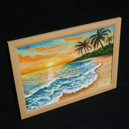 油絵　原画　港の夕日 油絵 油彩 油彩画 絵 絵画【夕日の海辺】 絵画 HR 通販