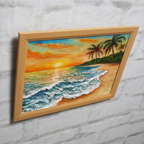 油絵 絵画 【砂浜の夕暮れ】 油絵 絵画 【砂浜の夕暮れ】（海の絵画をミクストメディアの版画