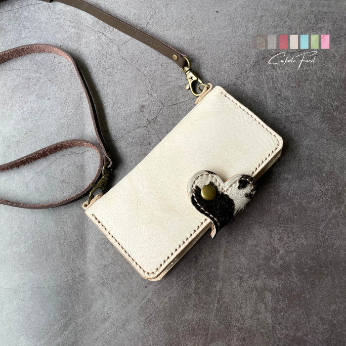 ◆大人気シリーズ◆7色◆イタリア／イタリアンレザーハラコハートの本革手帳型スマホケースショルダー[多機種対応]