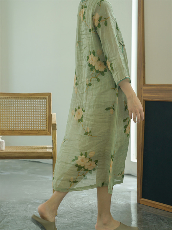 ロングスリーブプリントレディース綿麻ドレス 2枚目の画像